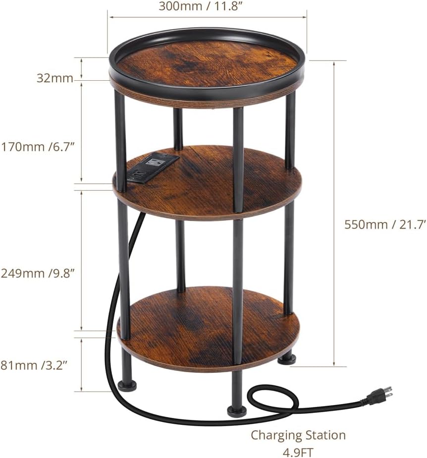 Small Round Side Table with Charging Station for Small Spaces, 3-Tier Round Accent Table with USB Ports & Power Outlets, Corner Table Sofa End Table for Living Room Bedroom (USB Charger, Rustic Brown)
