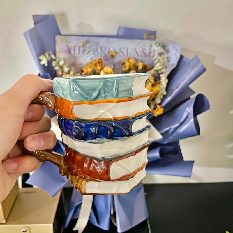 3D Painted Book Stack Coffee Mug, Hand Painted Ceramic Cup with Ornate Handle, Novelty Book Lover Gift, Multicolor Design (classic)
