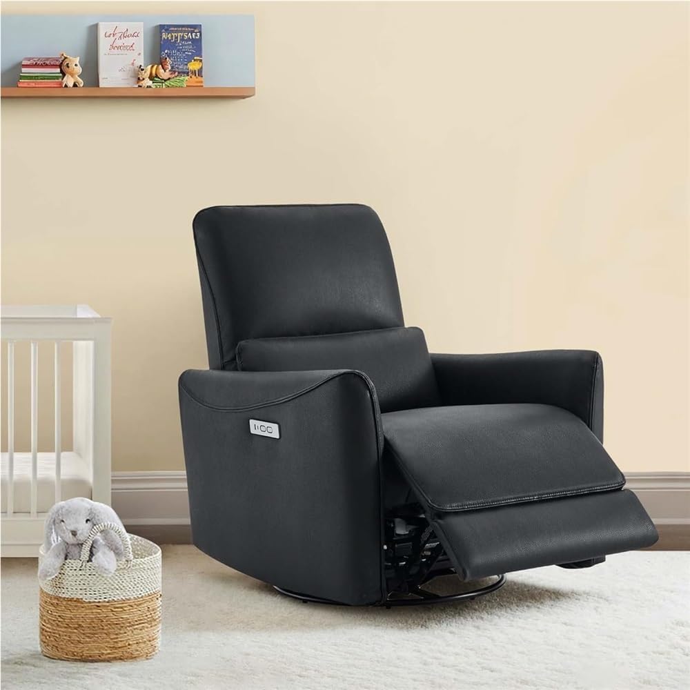 Black Power Swivel Rocker Recliner Chair with Lumbar Support, Easy Clean Leather Oversized Electric Armchair, Modern Home Theater Seating