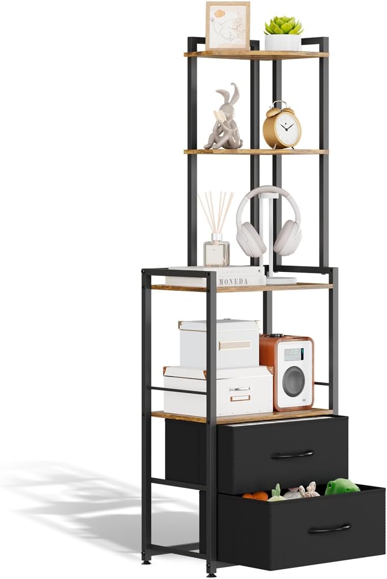 PouHenier.jh 6 Tier Corner Shelf with Drawer, Living Room Rustic Brown 58" Tall Floor Standing Storage Organizer with Anti-tip, Stable Bedroom Nook Space Saving Open Display Antique Ladder Stand Unit