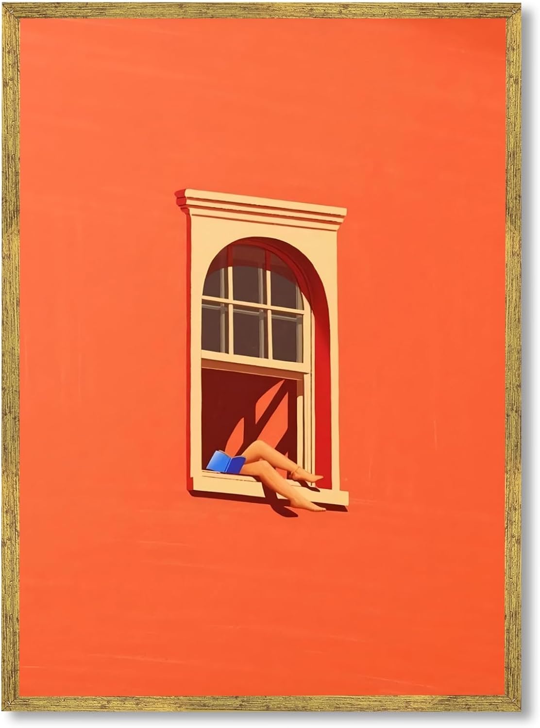 Sunny Reading Nook Poster Dopamine Wall Art Reading Corner Wall Decor Bold Orange Canvas Print For Living Room Bedroom Office 12x16inch Golden frame
