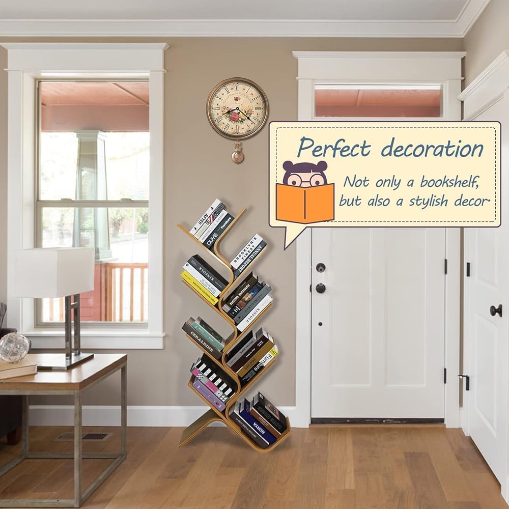 Modern 8-Tier Bamboo Bookshelf, Creative Curved Wood Bookcase for Home & Living Room, Space-Saving Book Storage Organizer, Stylish Corner Shelf Design