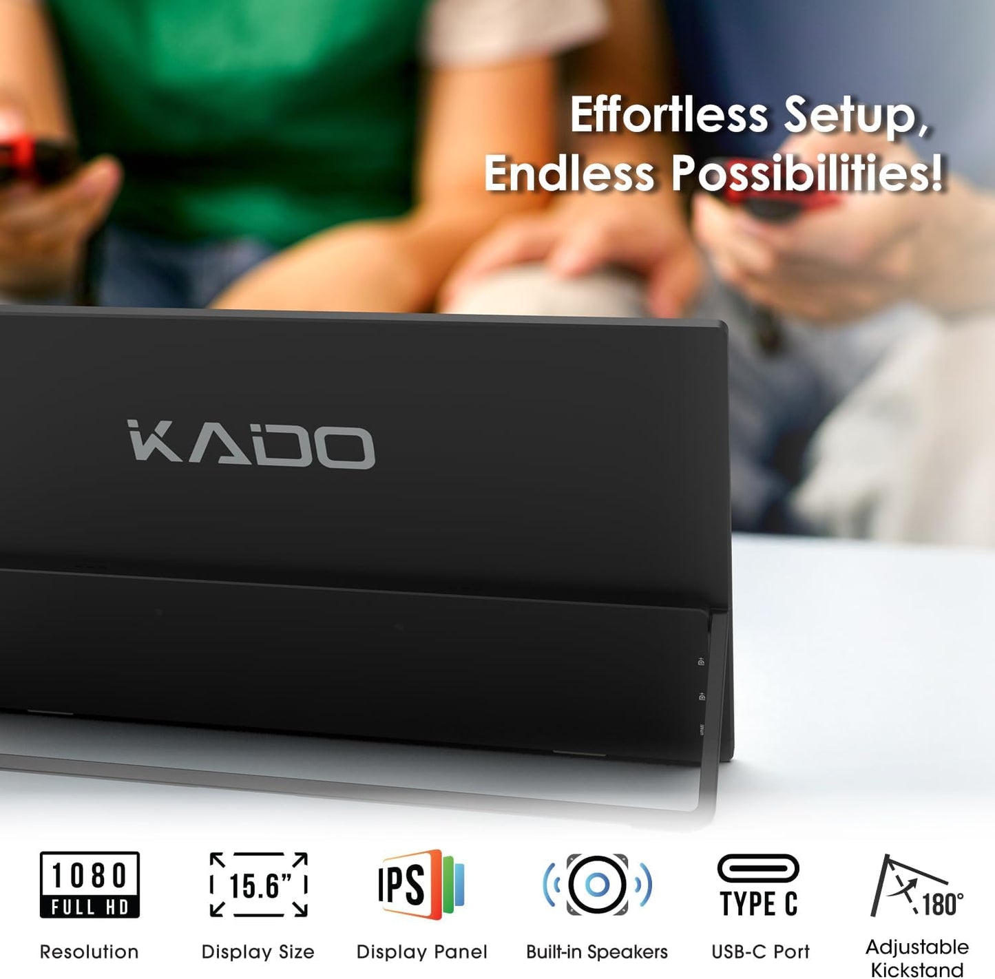 Kado Portable Monitor 15.6-Inch FHD 1080p, 45W Reverse Charging USB-C mini-HDMI Gaming Monitor IPS Display Built-in Speakers, Second Display 180° Kickstand for Laptop PC Phone Mac Xbox PS4/PS5 Switch