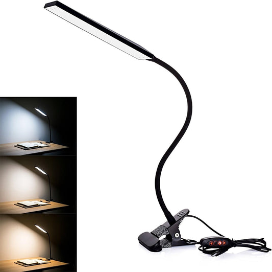 LED Desk Lamp - Dimmable Eye-Care Reading Light with Adjustable 3 Color Modes, 14 Brightness Levels, Flexible Gooseneck Clip-on Light for Studying, 5W-Black