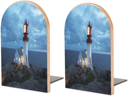 Lighthouse at Night Wooden Bookend Non-Slip Book Ends Heavy Duty Book Stopper with Metal Base Books Holderd Decorative Bookends Stands Firmly for Office Supplies