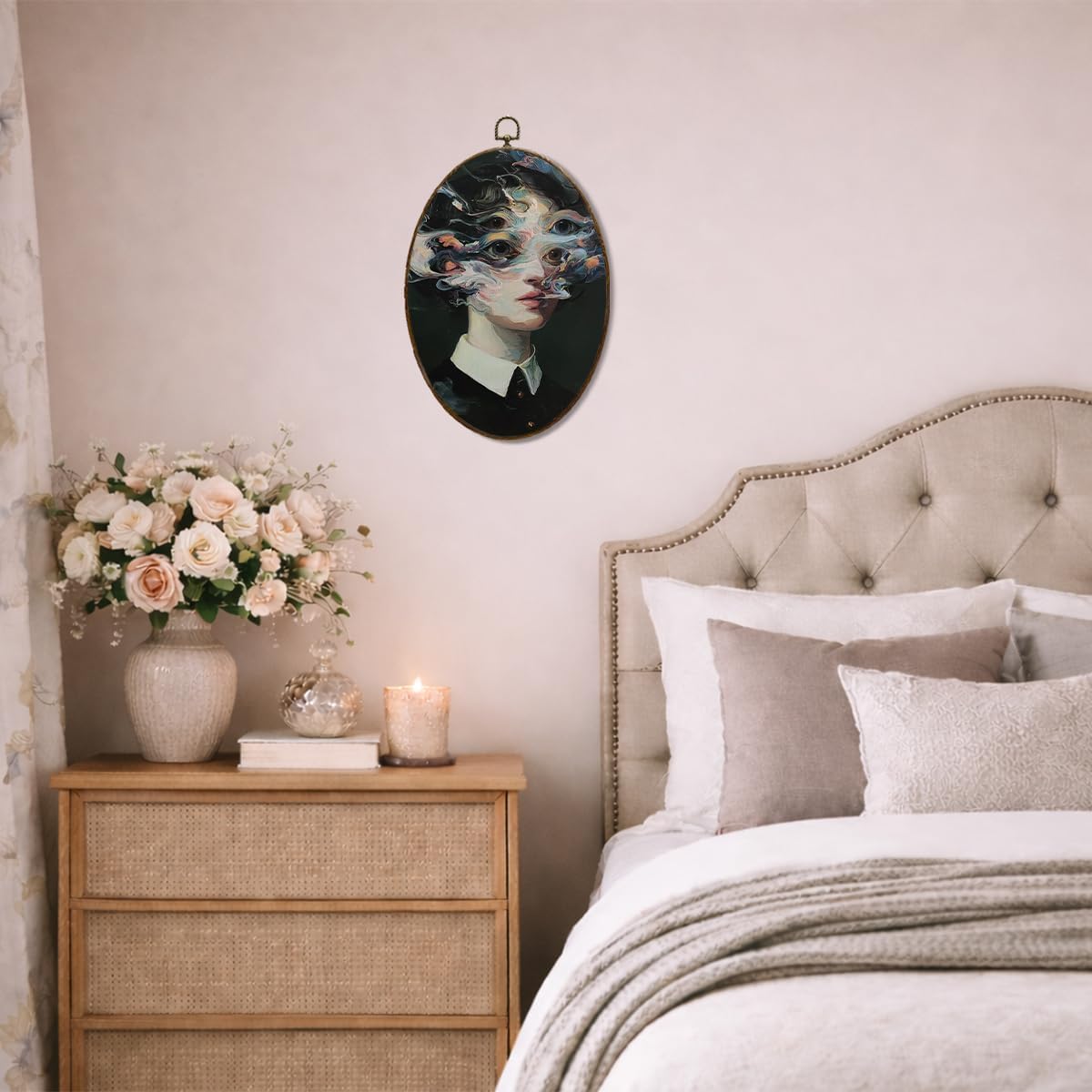 LMMHIOPI Dark Feminine Surreal Portrait Wall Art, Gothic Dark Academia Oval Canvas Wall Decor, Victorian Woman Trippy Painting, Moody Vintage Aesthetic Artwork for Bedroom Living Room, 8.5x11.5 Inch
