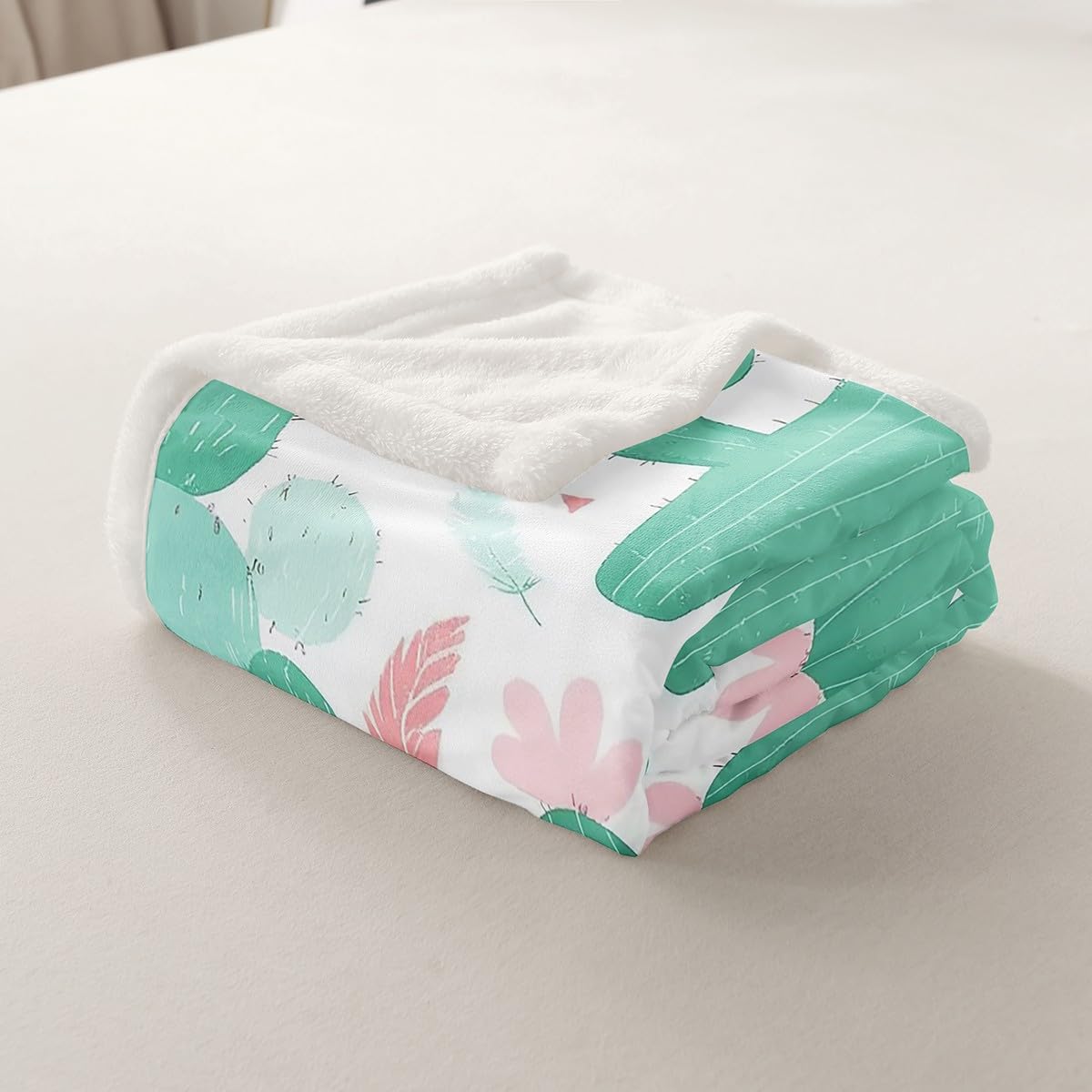 Feelyou Kids Cactus Throw Blanket Girls Boho Succulent Fleece Blanket for Bed Sofa Couch Teens Pink Green Botanical Pattern Decor Sherpa Blanket Exotic Plants Warm Fuzzy Blanket Twin 60"x80"