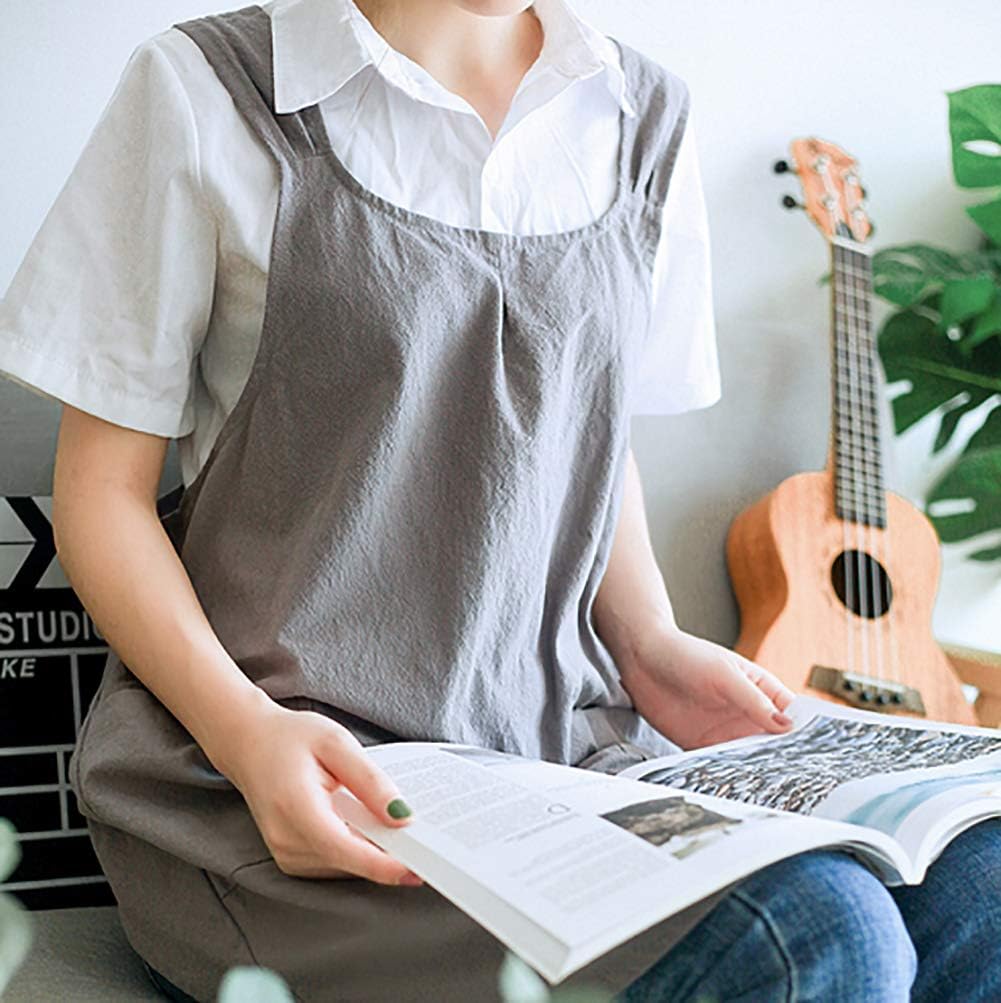 Soft Cotton Linen Apron Cross Back X-Shaped Japanese Style Pinafore Dress for Cooking, Housewarming, Daily Chores