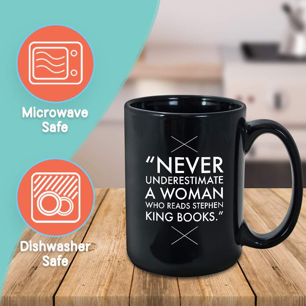 Readers Mug 15 oz Black, Never Underestimate A Woman Who Reads Bookworm Quote