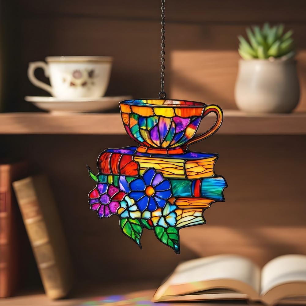Books Teacup Handmade Artisan Resin Sun Catcher for Bookworm, Stained Glass Effect Window Hanging Ornament Garden Decor, Gifts for Readers, Valentines Day Gift for Women Mom Wife