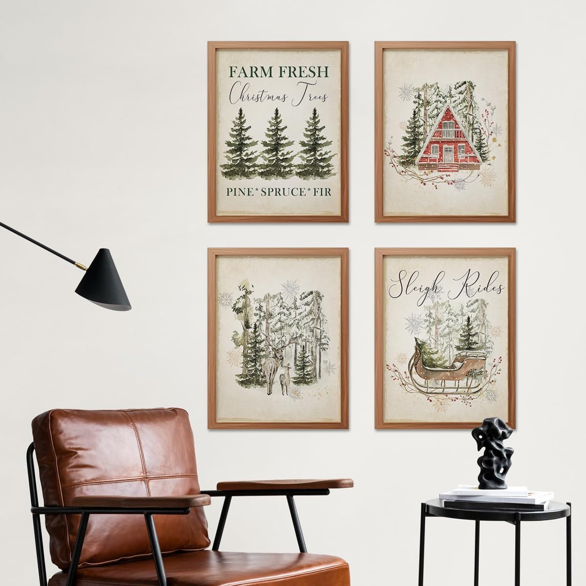 ETVISO Vintage Christmas Wall Art Prints Set of 4, Retro Christmas Trees Poster, Winter Holidays Gift Print Decor for Gallery, Living Room, Bathroom, 12x16 (Unframed)