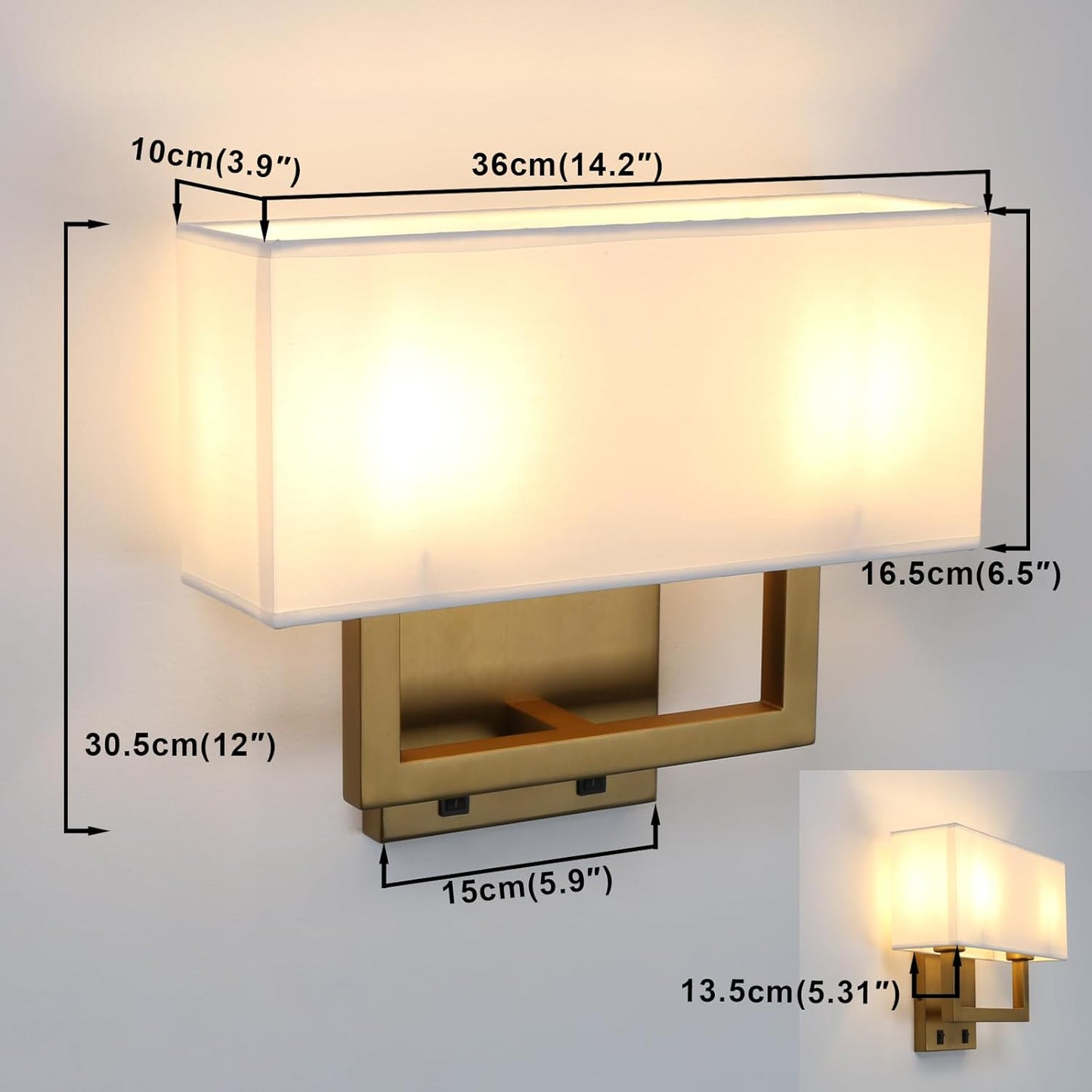 Yosoan Indoor Bedside Wall Sconce with On Off Switch, Modern Boho Interior Finish Brass 2-Light Vanity Vintage Industrial with Square White Fabric Shade for Reading Room Hallway(Antique)
