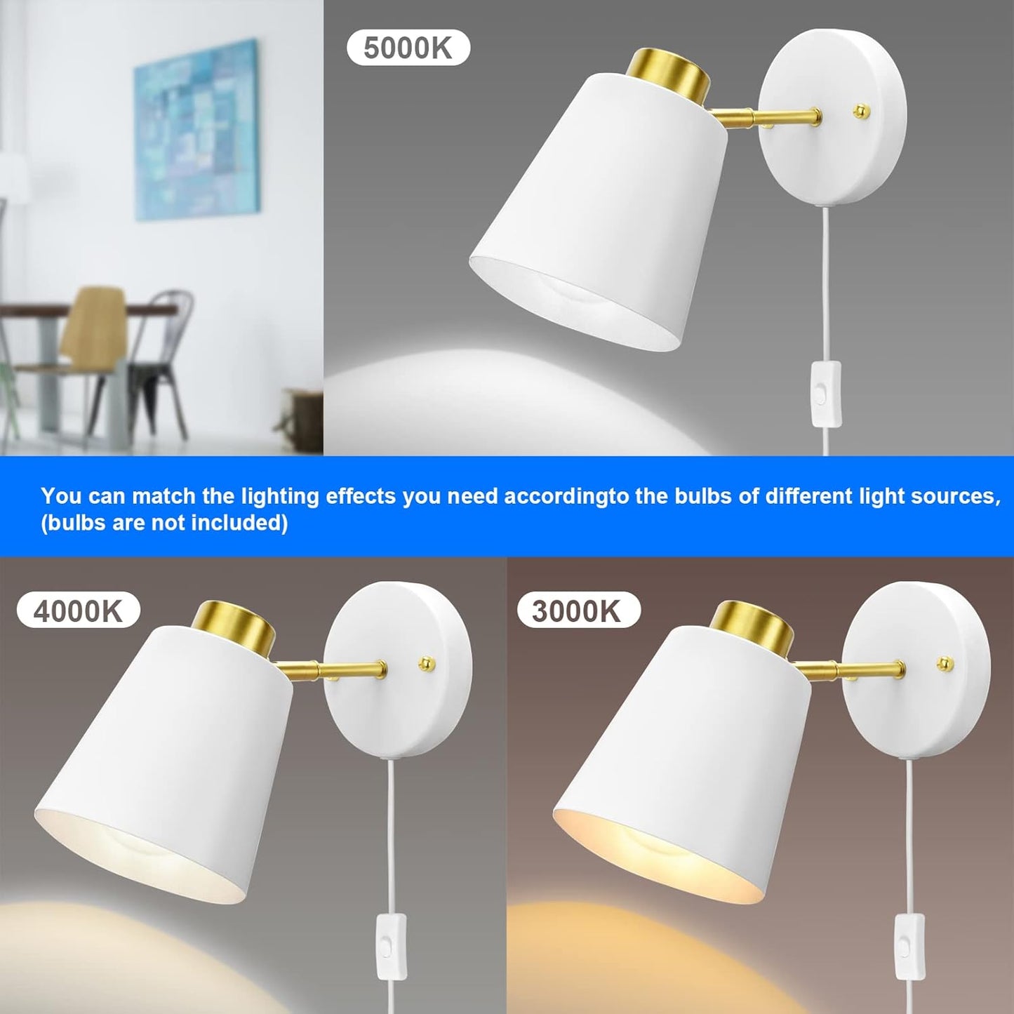 Yollzey Plug in Wall Sconces, Rotatable Angle White Wall Lamp with Plug in Cord Metal Vintage Industrial Wall Mounted Light Reading Light for Bedroom Bedside Doorway(2 Pack)