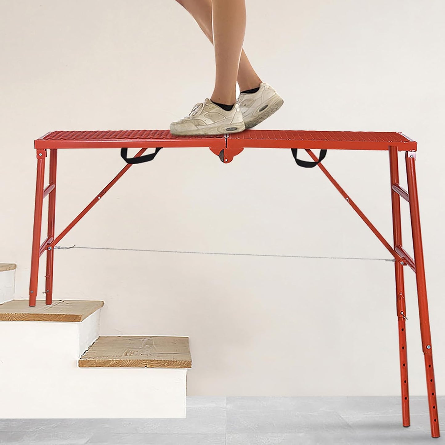 LEADALLWAY Scaffolding Platform 70(L) x15(W) x33(H) 770 Lbs Capacity Folding Adjustable Portable Work Platform Ladder,Red
