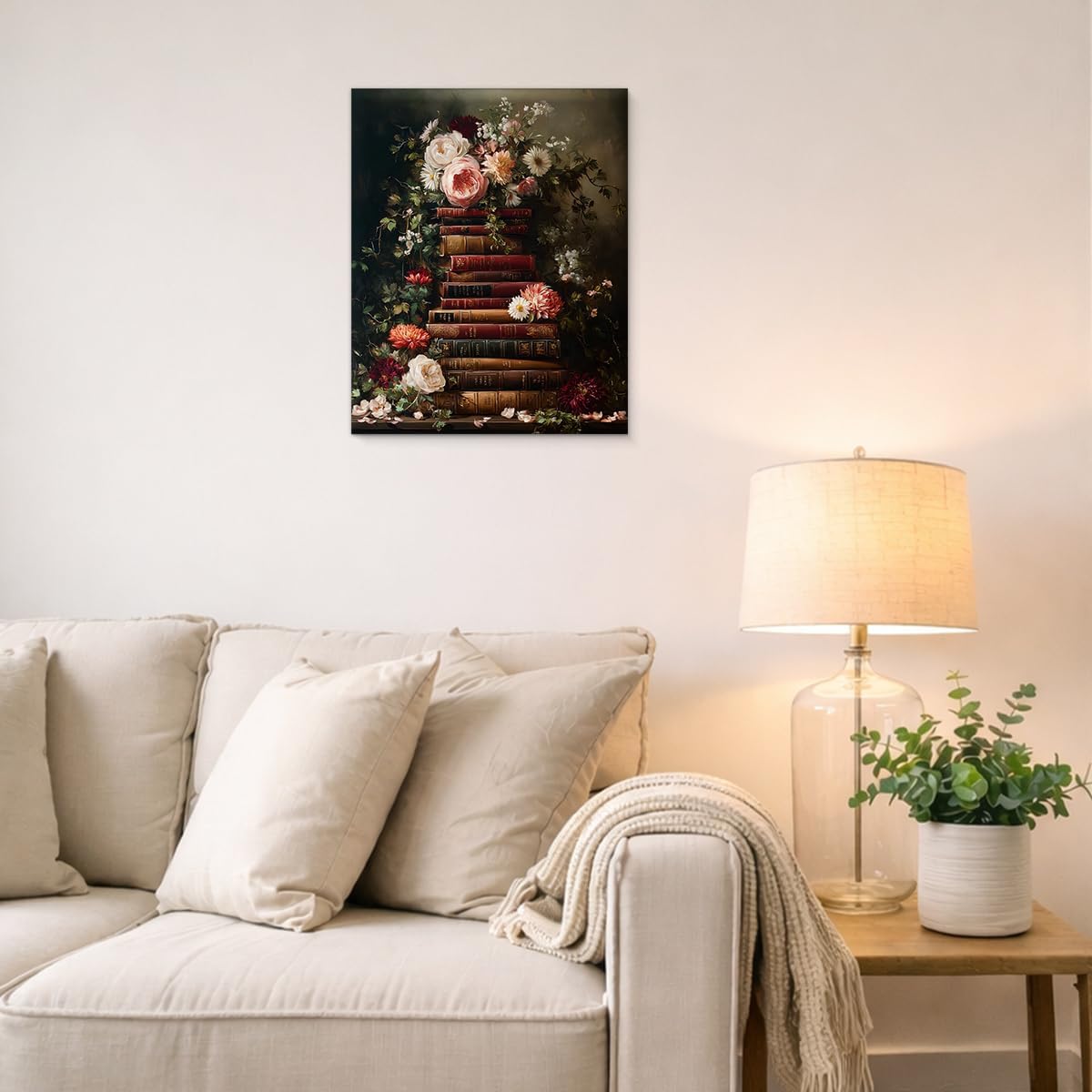 Vintage Floral Books Wall Art Moody Flowers Bookish Canvas Print Poster Dark Academia Wall Decor for Farmhouse Reading Nook Study 8x10 Inch Framed