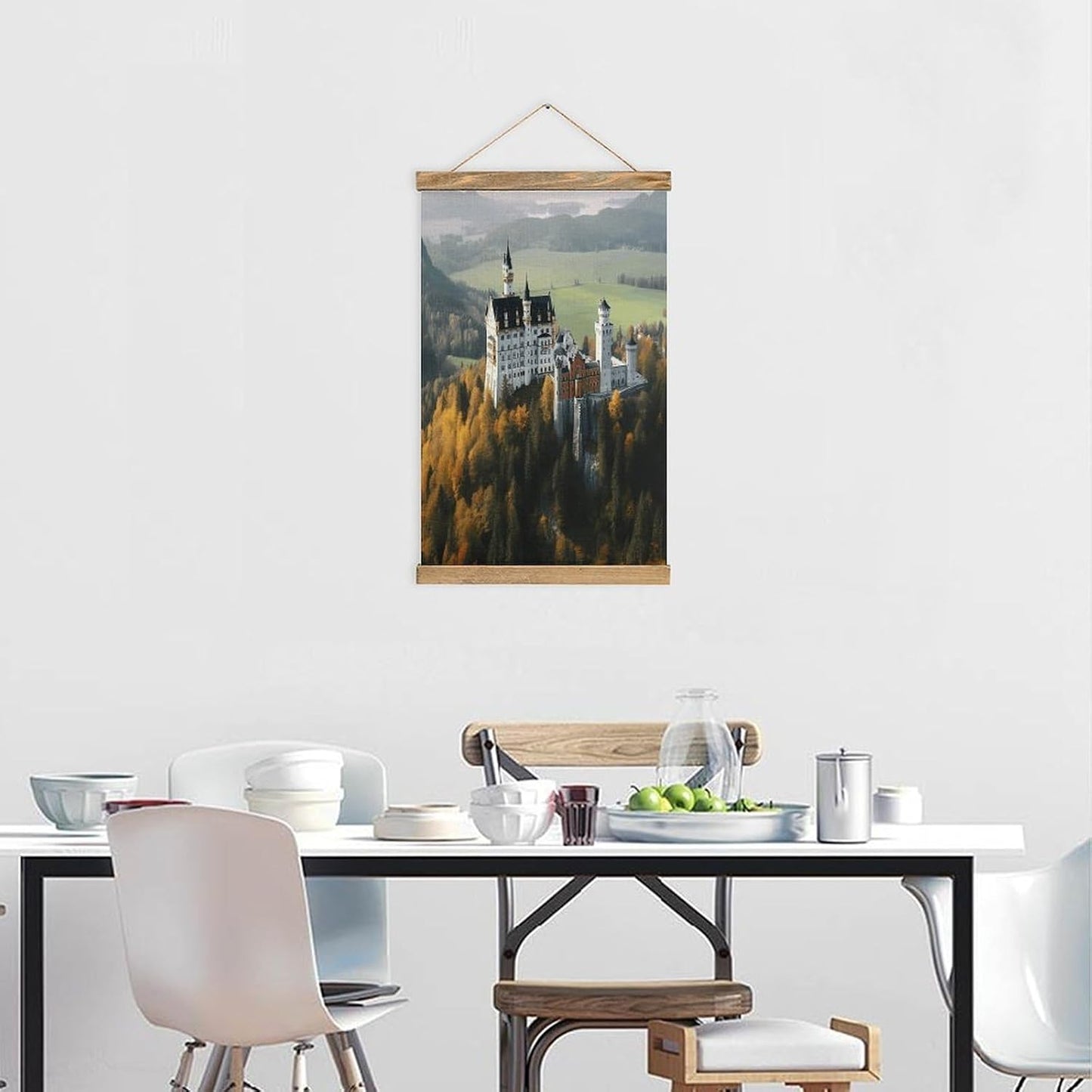 Vintage Germany Neuschwanstein Castle Poster with Wooden Frame Personalized Linen Hanging Scroll Painting Rustic Wall Hanging Illustrative Modern Artwork Decor for Home Living Room Bedroom Office