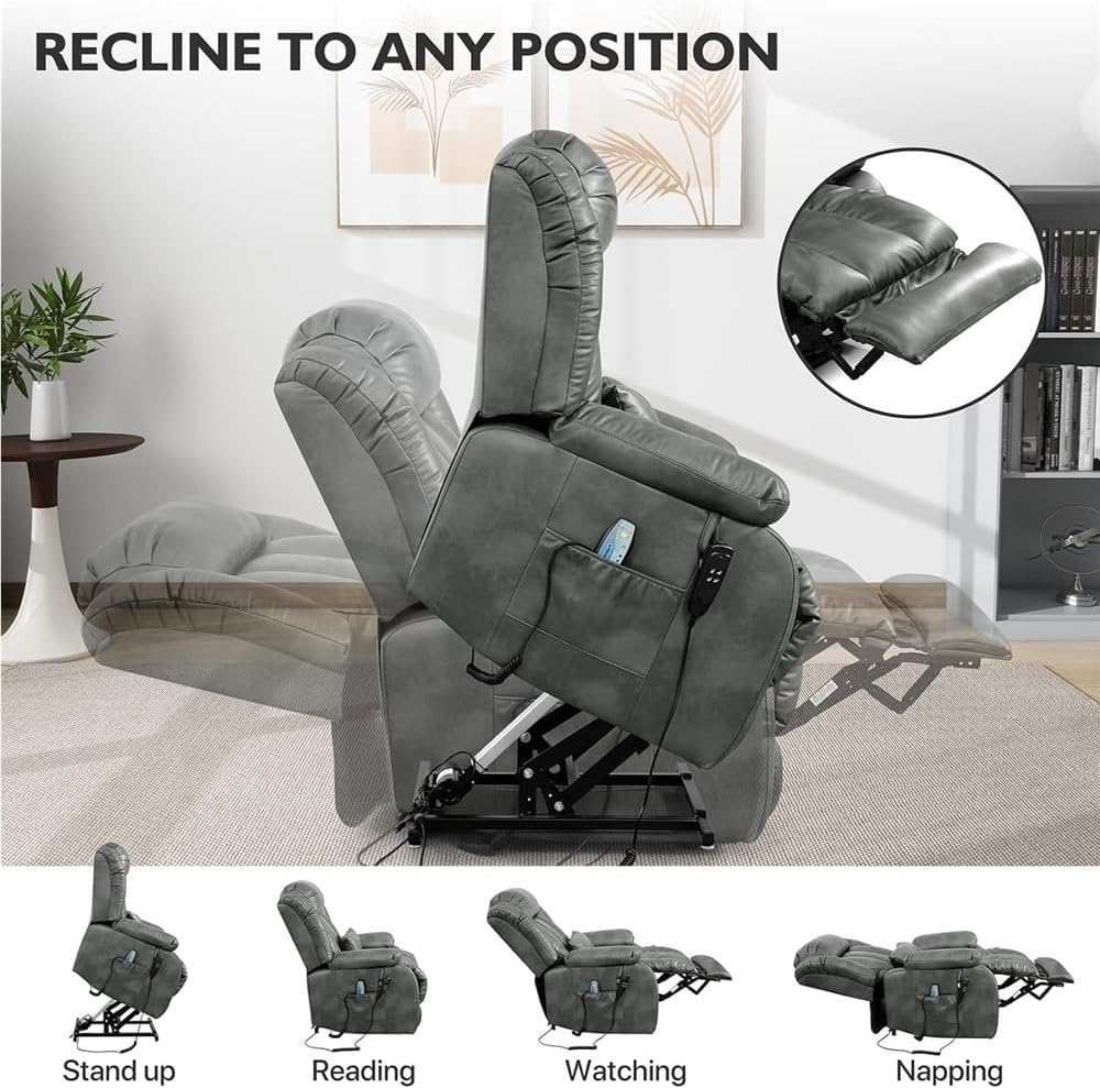 Extra Large Dual Motor Power Lift Recliner Chair for Elderly with Infinite Position Lay Flat Heated Massage Breathable Leather USB Ports Remote Control Reclining Sofa