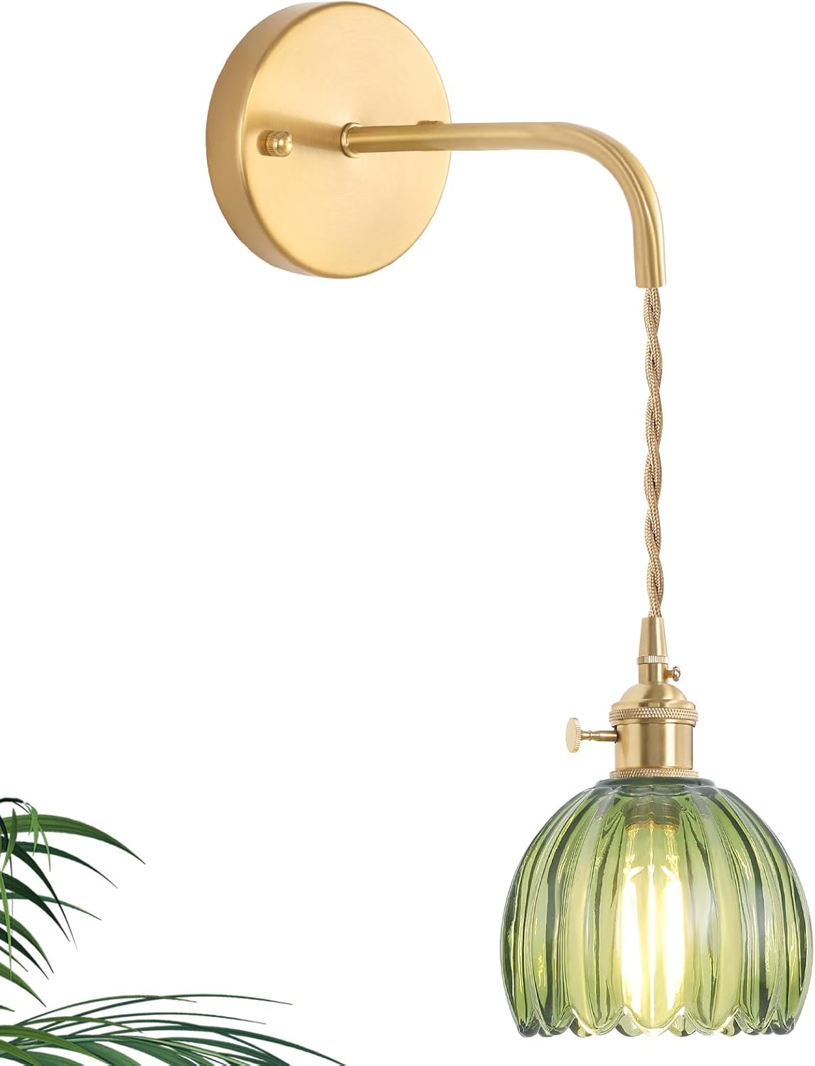 Vintage Wall Sconce Wall Lamp Green Tulip Shade Pattern Glass Adjustable Chain Retro Gold Wall Mounted Light, Wall Lamp Fixtures Decor for Bedside Bedroom Indoor Doorway