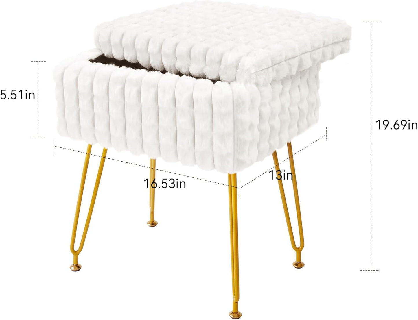 Rectangle Vanity Chair with Storage, Faux Fur Vanity Stool with Anti-Slip Adjustable Feet, Fur Footstool Ottoman for Makeup, Bedroom, Square Grid Pattern, White