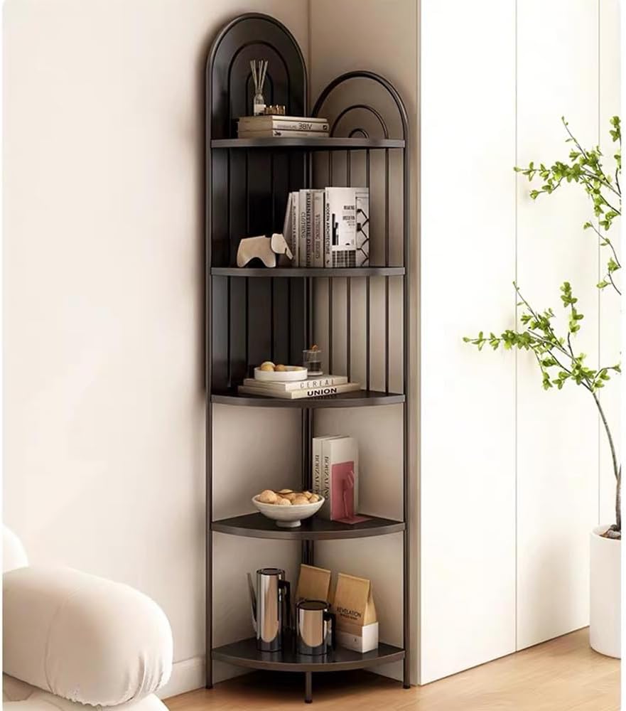 Black 5 Tier Metal Corner Shelf,Tall Industrial Corner Shelving Unit,Freestanding Corner Storage Rack for Small Spaces,Narrow Corner Bookshelf for Living Room,Bedroom,Bathroom