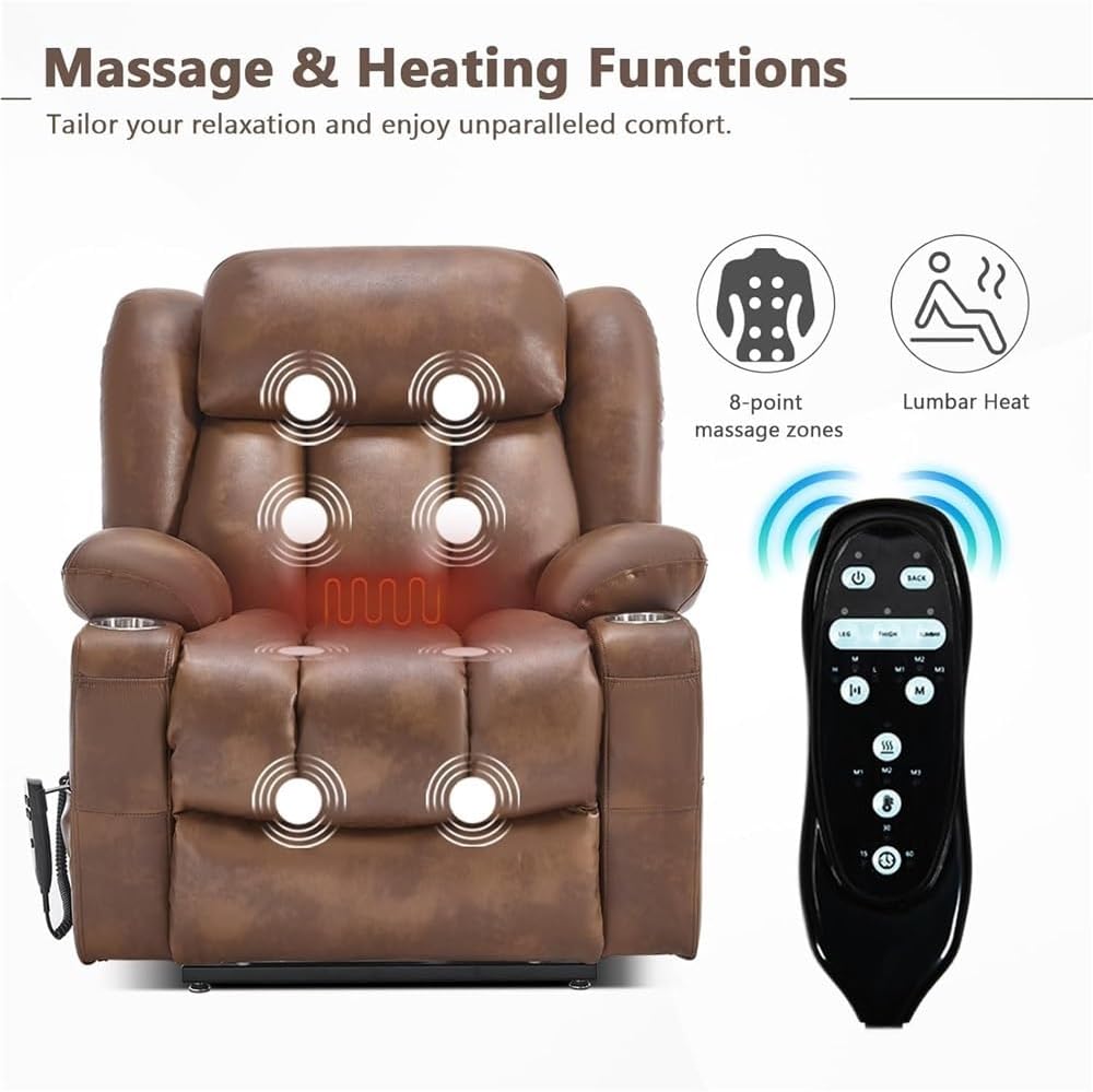 Dual Motor Power Lift Recliner Chair for Elderly and Seniors with Heat Massage and Lay Flat Function Breathable Brown Leather Reclining Sofa with Cup Holders and Remotes