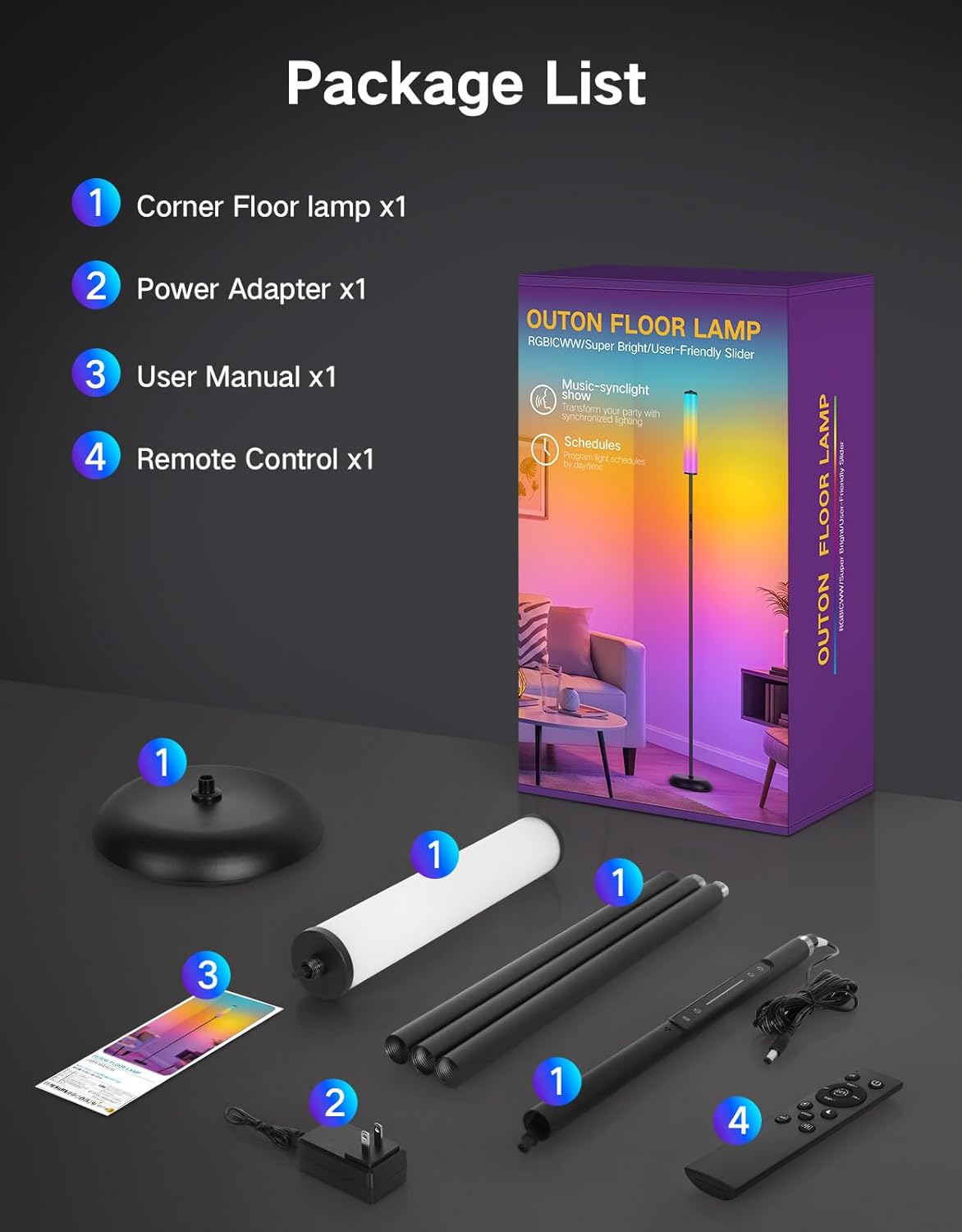 OUTON Floor Lamp for Living Room, 66 in LED Corner Floor Lamp with Remote, App and Touch Slider Control, 2200K-6500K Stepless Dimmable RGB Standing Lamp with Timer, Memory and Music Sync, Black