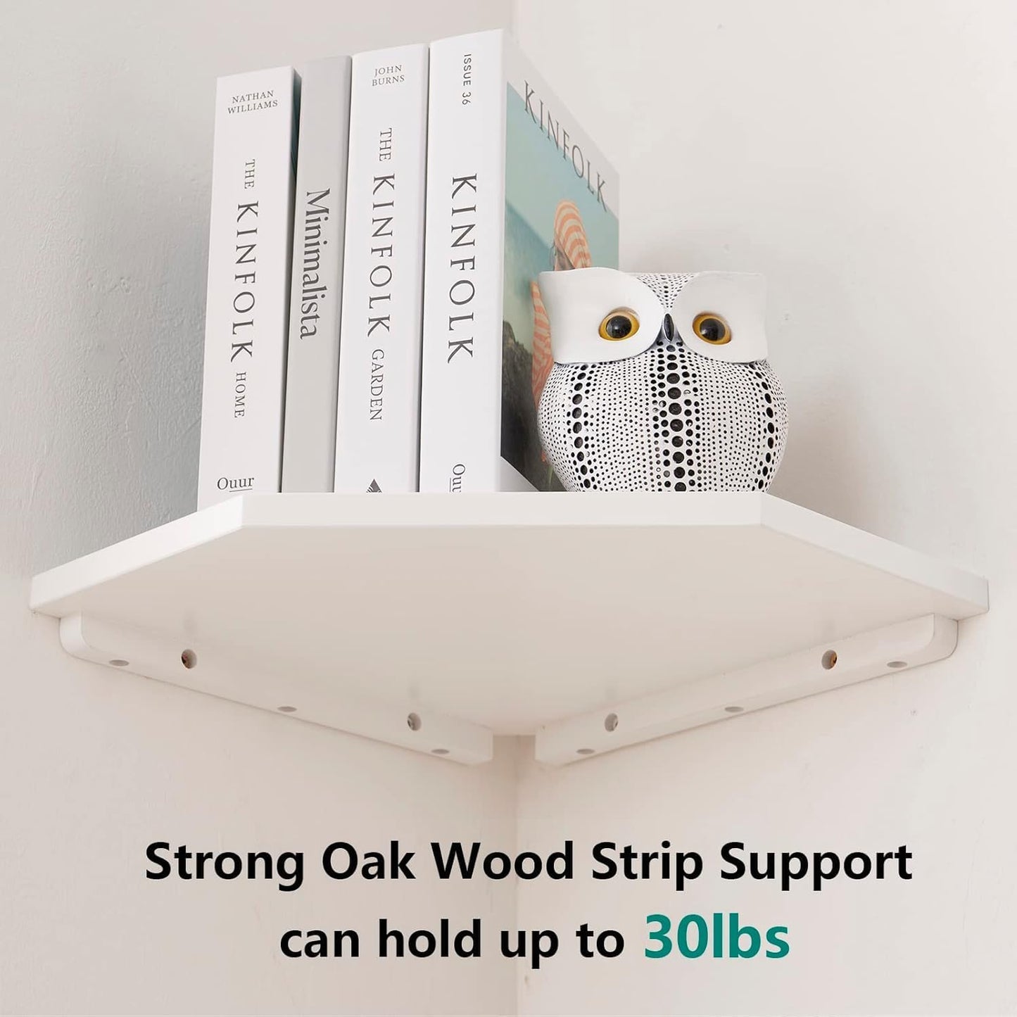 Corner Floating Shelves, White Corner Wall Shelf Set of 2, Solid Oak Wood Corner Shelves Wall Mount Shelf with Wire Hole Small Plant Display for Kitchen Living Room Bedroom