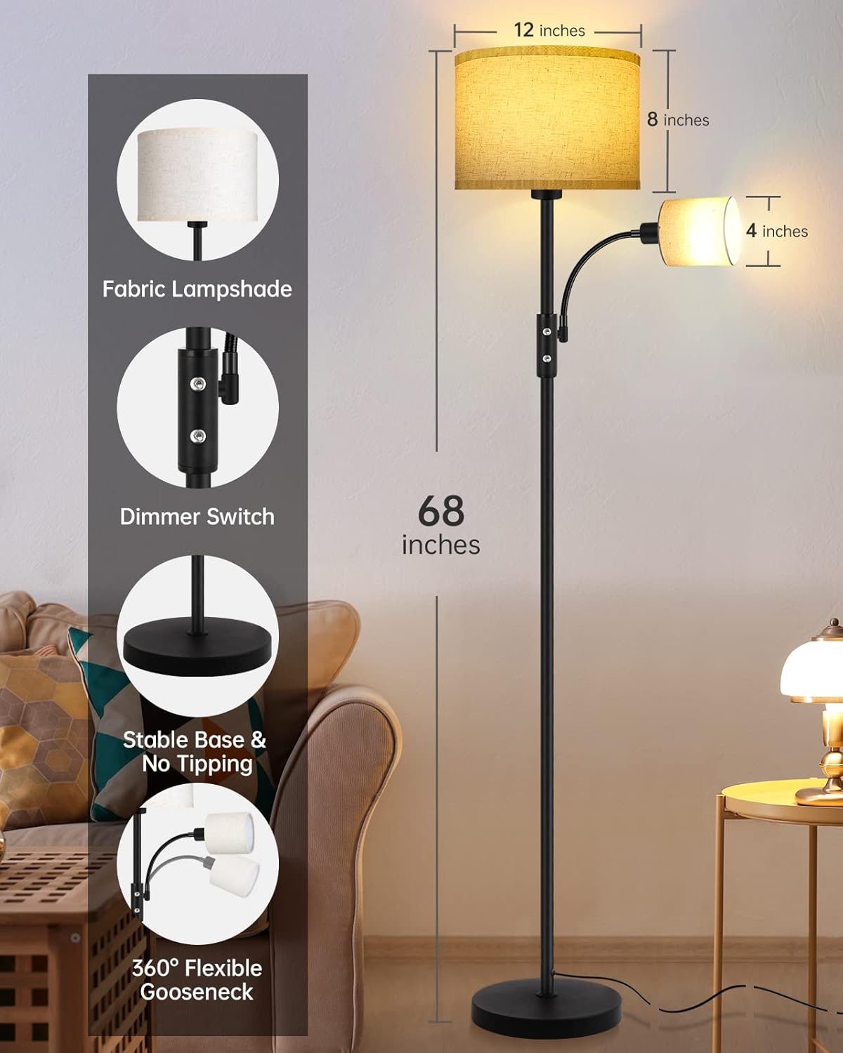 Floor Lamps for Living Room, Modern Floor Lamp with Reading Lamp, 62" Tall Standing Lamp, Beige Lampshades, Simple Pole Lamps for Bedroom/Office/Kids Room/Den(Bulbs Not Including, E26/E12 Base)