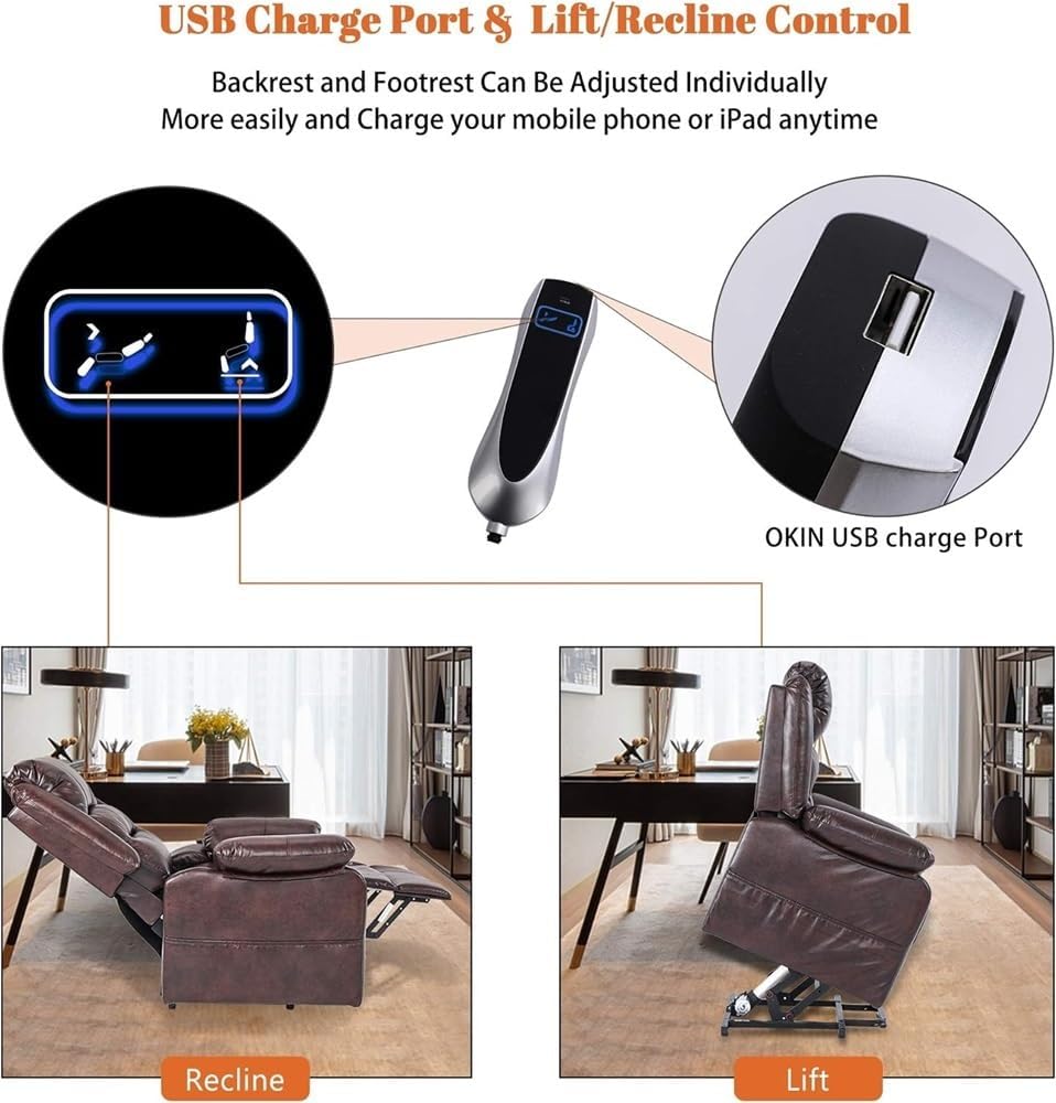 Electric Power Lift Recliner Chair for Elderly Adults Full Air Leather Comfortable Power Recliner with Side Pockets USB Charging Port Remote Control Brown