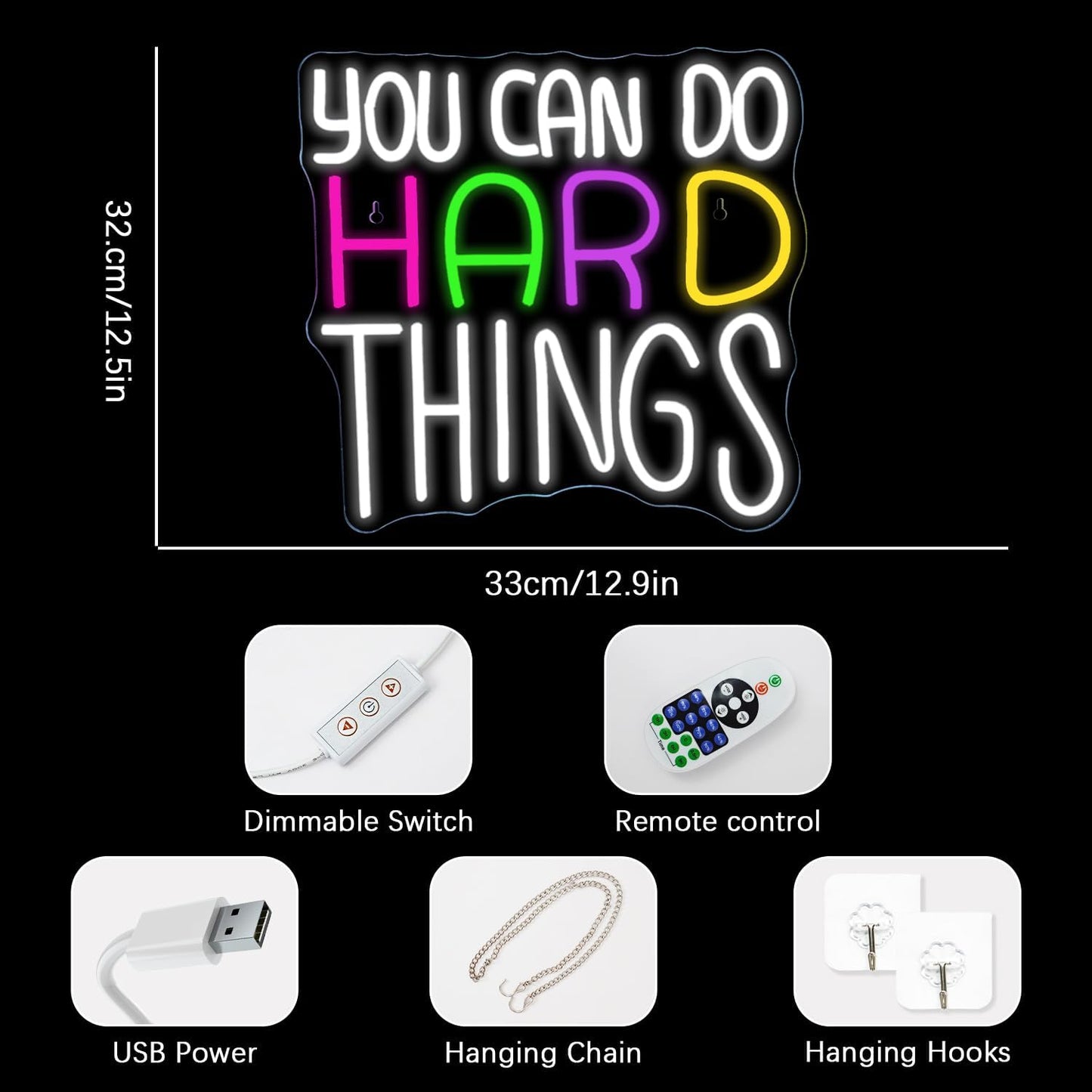 NEONLOVE You Can Do Hard Things Neon Sign Neon Signs for Wall Decor LED Lights Up Signs for Bedroom Bar Kids Room Library Club Party Positive Quotes Wall Art Sign USB White Neon Lights 12.9*12.5inch