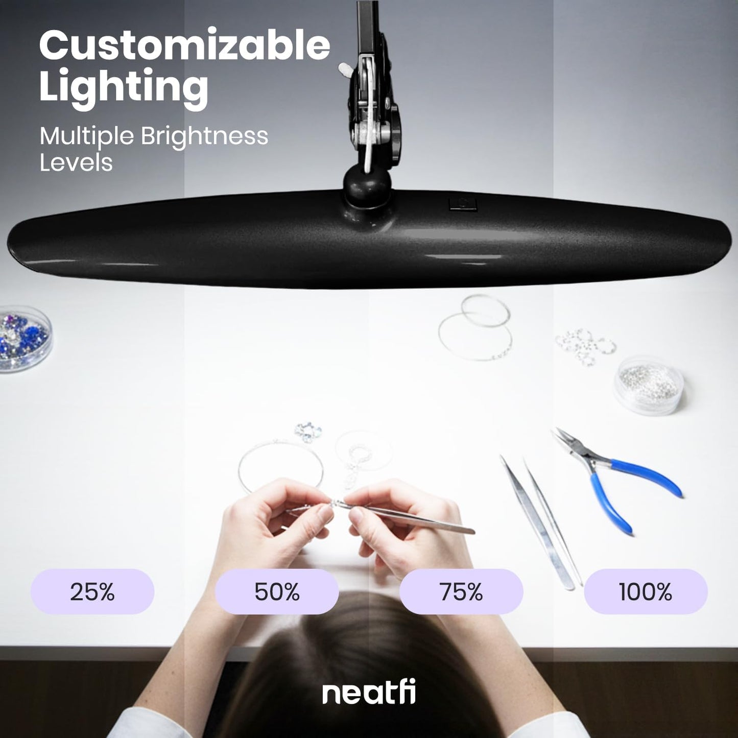 Neatfi XL 2200 Lumens 24W LED Desk Lamp with Clamp - Shadow-Free Task Lighting | 4-Level Dimming | Home Office & Crafts Use | 20-Inch Wide Head (Non-CCT, Black)