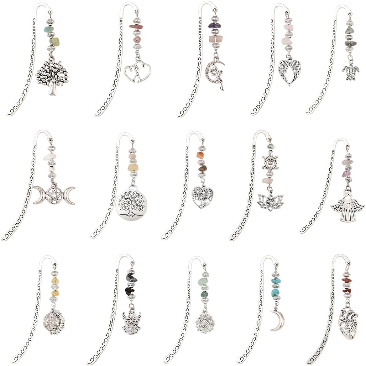 Tibetan Style Bookmarks Set, 15 Pieces Metal Alloy with Natural Crushed Stone Beads, Vintage Decorative Book Markers with Celestial Charms for Reading
