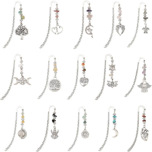 Tibetan Style Bookmarks Set, 15 Pieces Metal Alloy with Natural Crushed Stone Beads, Vintage Decorative Book Markers with Celestial Charms for Reading