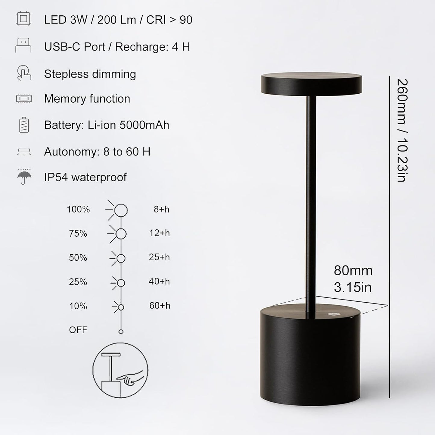 2-Pack Cordless Rechargeable Table Lamps, 3 Color Temperatures and Stepless Dimmable, IP54 Waterproof Portable Battery Operated LED Lights for Outdoor Patio Bedside Restaurant, Black