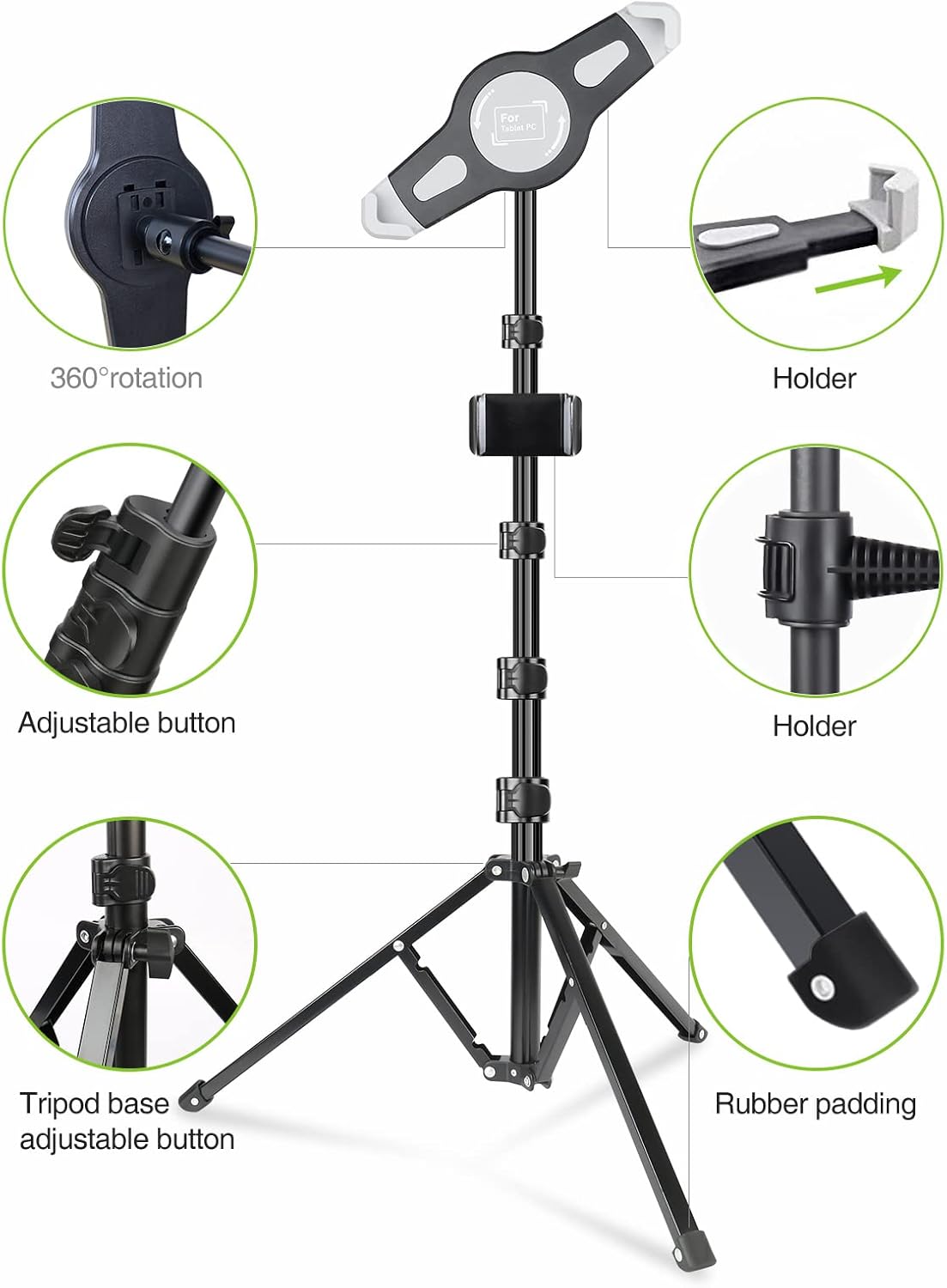 elitehood iPad Tripod Stand, Aluminum Alloy iPad Stand, 360 Rotation Adjustable Height iPad Stand Holder for Floor, Universal Compatible with All 7.9-11 Inch Tablet