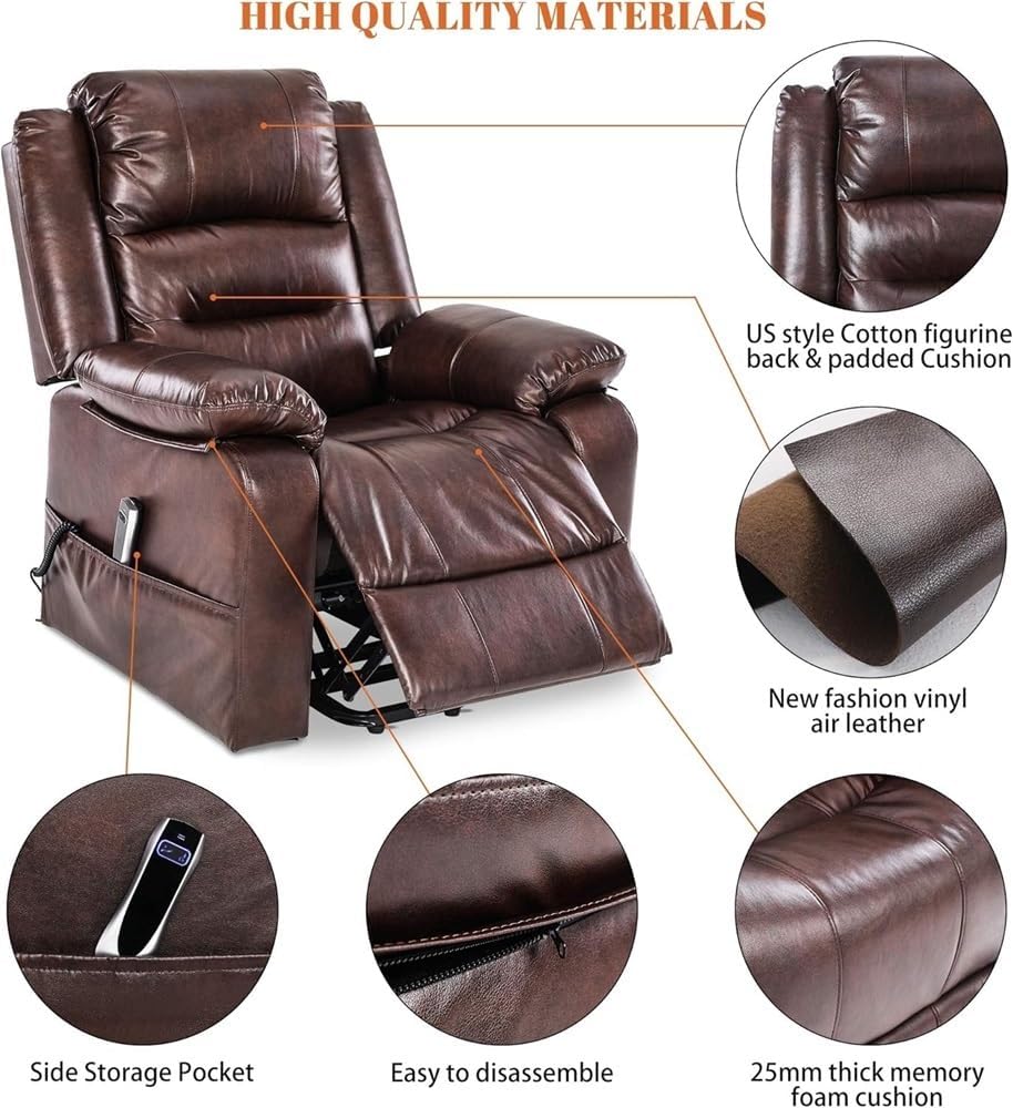 Electric Power Lift Recliner Chair for Elderly Adults Full Air Leather Comfortable Power Recliner with Side Pockets USB Charging Port Remote Control Brown