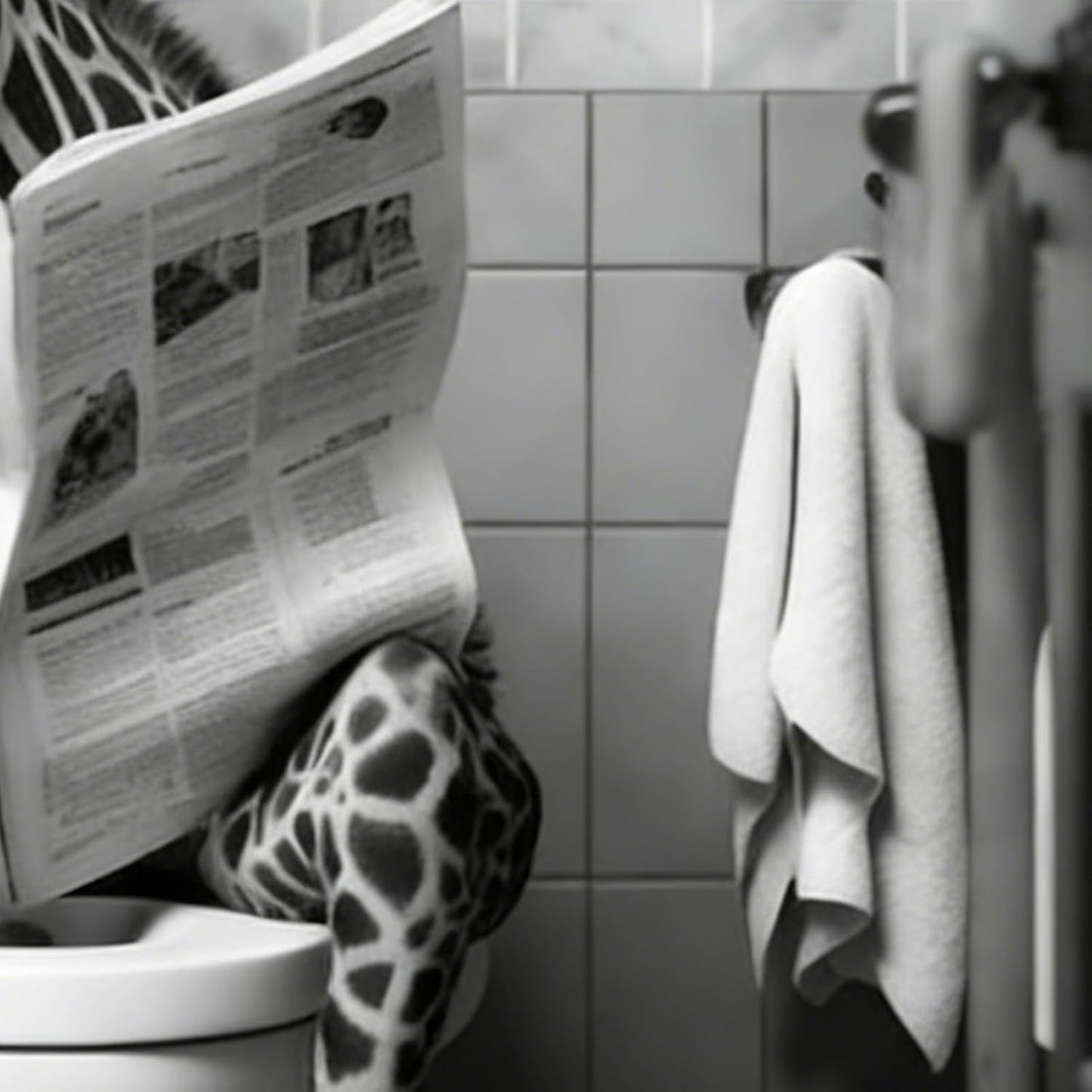 Giraffe Decor - Funny Bathroom Art | Black and White Funny Canvas Wall Art with Giraffe Reading Newspaper On Toilet Poster for Restroom Decor, Home Bathroom, Washroom, Hotel and Apartment Wall Decorat
