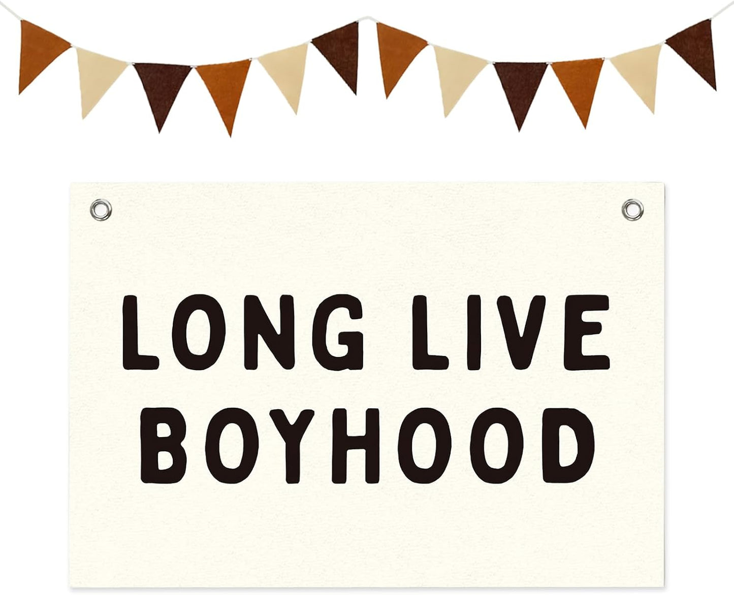 Long Live Boyhood Boys Room Decor Nursery Decor Linen Canvas Banner Wall Hanging Flag for Boys Bedroom Decoration Toddler Boy Room Nursery Wall Art 30x20 Inch with Neutral Felt Triangular Flags