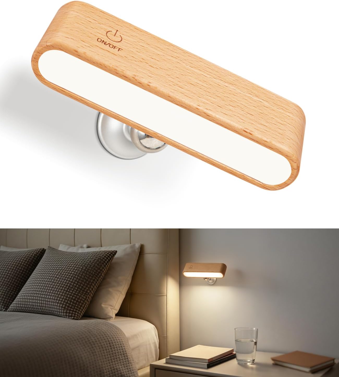 Wood LED Wall Sconce, Magnetic 360° Rotatable Wall Mounted Night Light & Reading Light, Small Rechargeable Battery Powered Bedside Wall Lamp for Bedroom, Living Room, Beech Wood