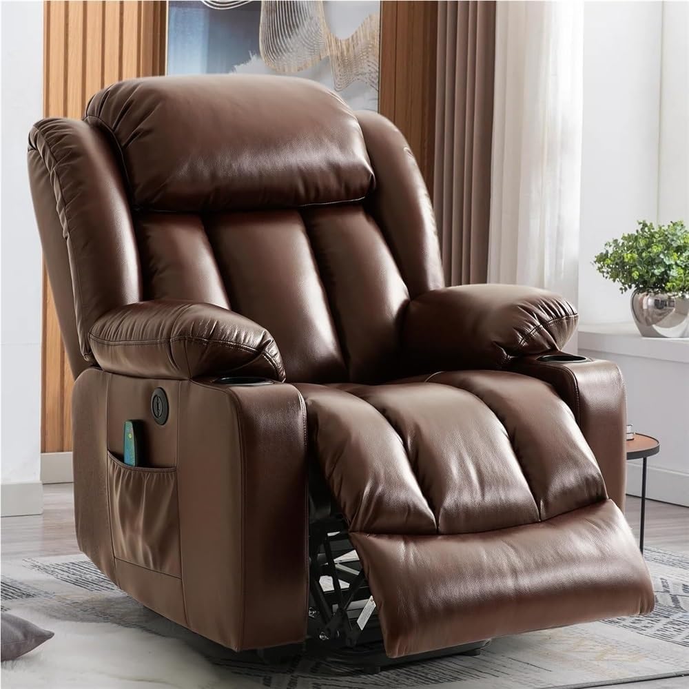 Brown Power Lift Recliner Chair, Heavy Duty Electric Sofa with Heat Massage, PU Leather Reclining Seat with Remote Control, Cup Holders, USB Port, Adjustable Backrest