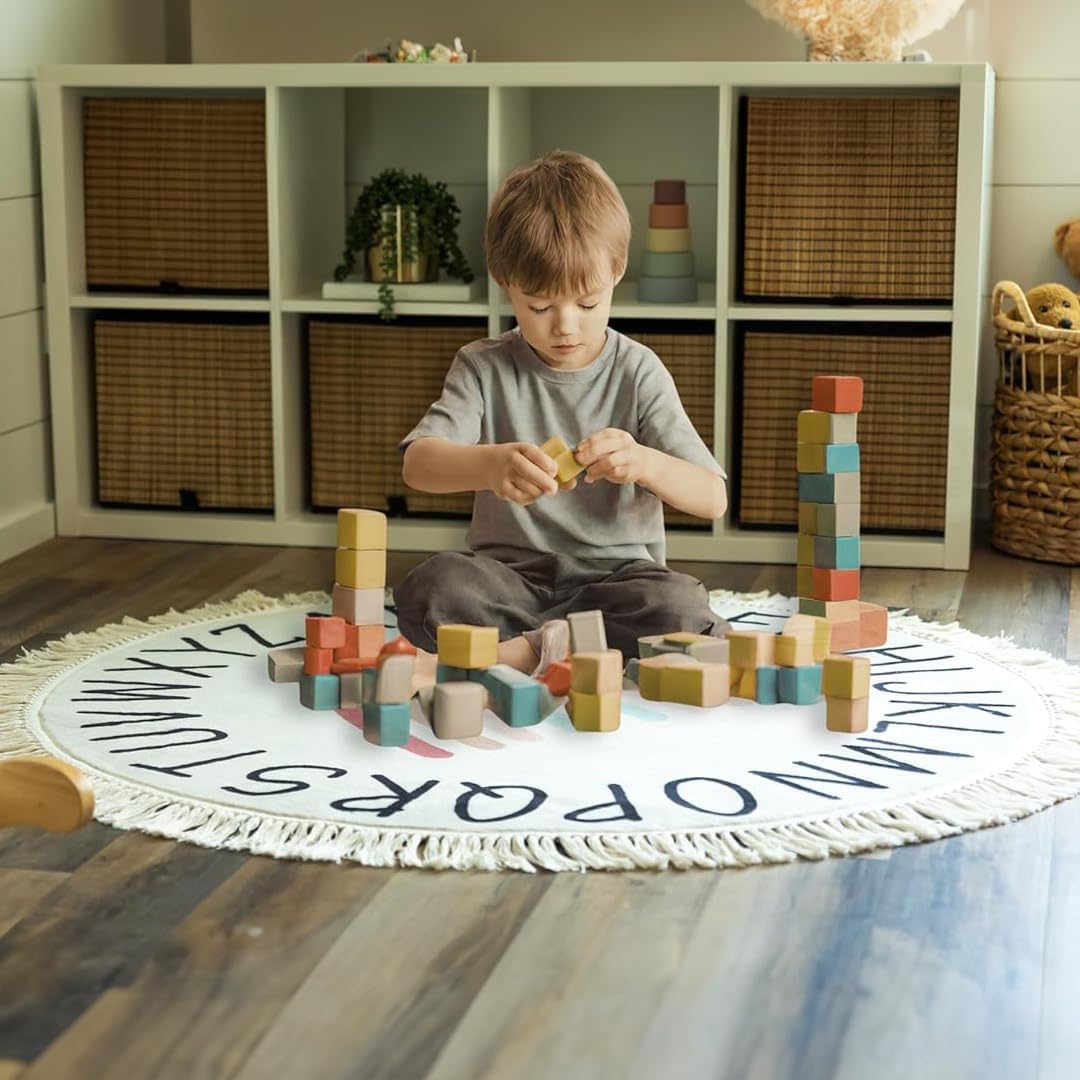 ABC Lovely Boho Rainbow Rug - 4ft Toddlers & Baby Playroom Rug, Round Classroom Carpet, Ultra Soft & Non Slip Alphabet Nursery Rug, Children's Room Washable Carpet - 47 inch