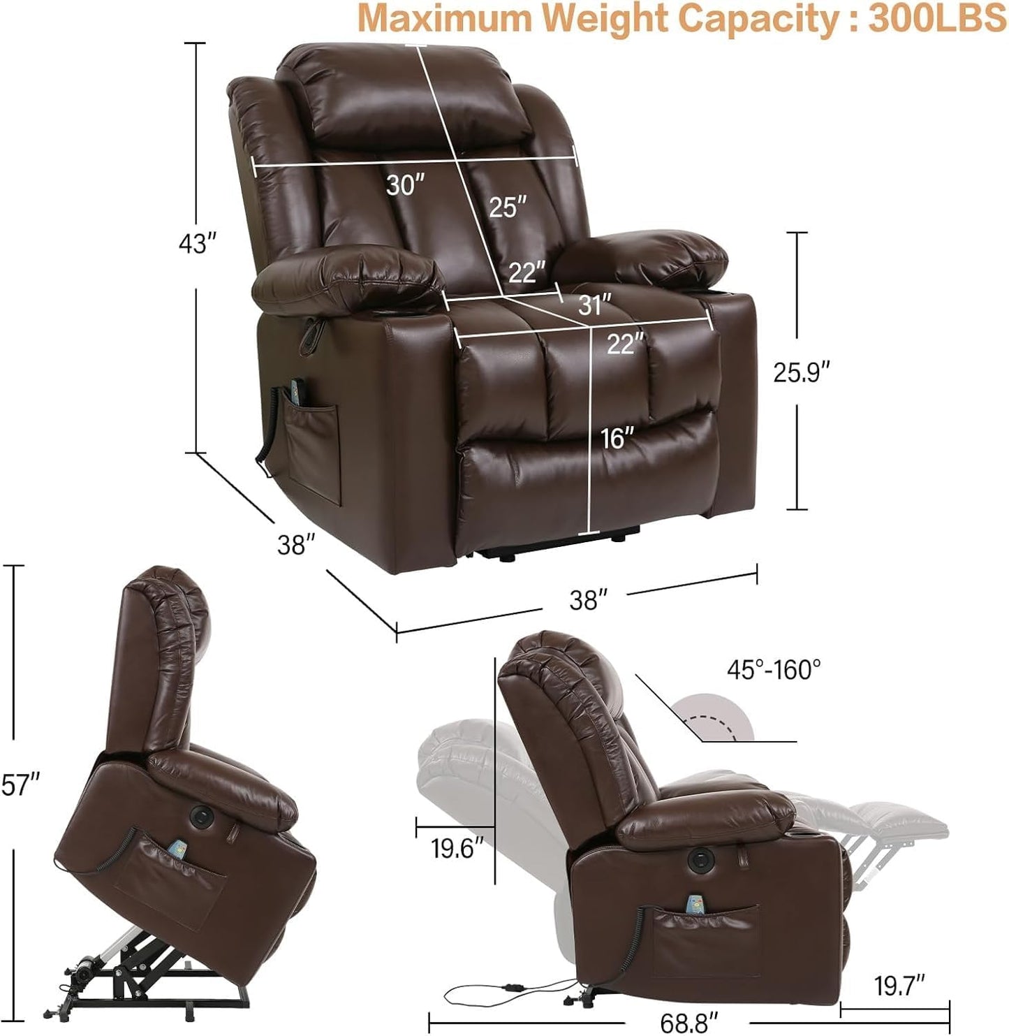Power Lift Recliner Chair for Elderly with Vibration Massage & Lumbar Heating, Electric Recliner with Breathable Leather, USB Ports, Cup Holders, Brown