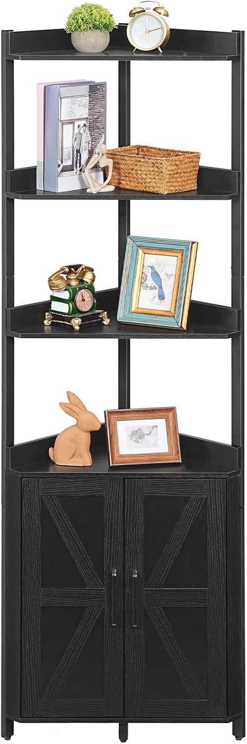 HOOBRO Corner Shelf with Storage, Tall Corner Storage Cabinet, 5-Tier Corner Bookshelf with Protective Fence, for Living Room, Black BB78CJ01