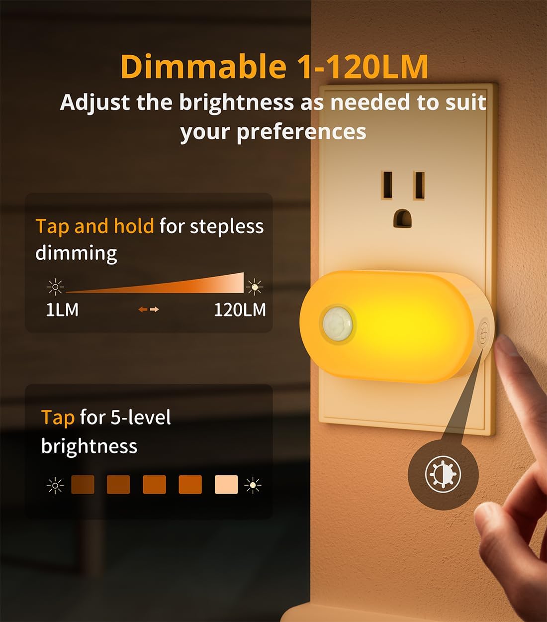 Lyridz 120LM Ultra Bright Plug-in Motion Sensor Night Light, Stepless Dimmable LED Nightlight, Always-On and Auto-Off, for Hallway, Stairs, Bathroom, Bedroom, Garage, Amber (2-Pack)