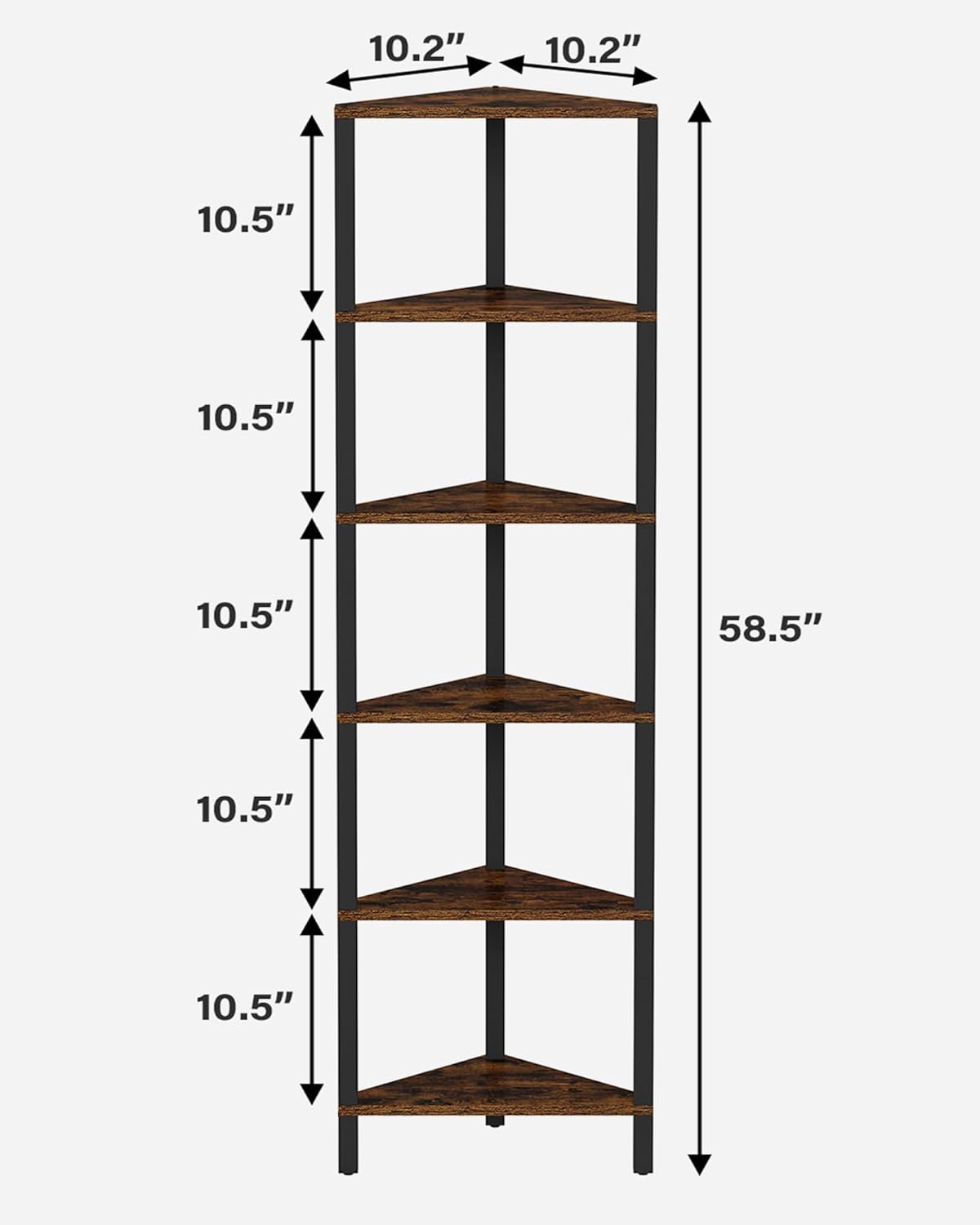 TUTOTAK Corner Shelf, 6-Tier Corner Bookshelf for Small Space, Narrow Display Corner Shelf Stand with Storage Rack, for Living Room, Bedroom, Rustic Brown BS05BB006