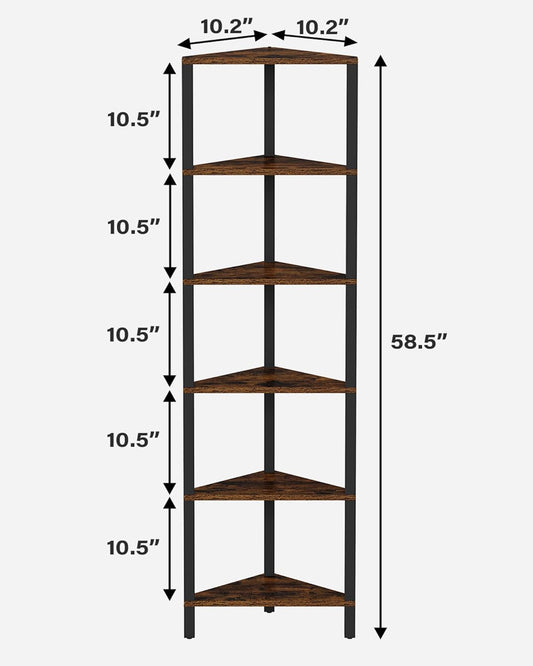 TUTOTAK Corner Shelf, 6-Tier Corner Bookshelf for Small Space, Narrow Display Corner Shelf Stand with Storage Rack, for Living Room, Bedroom, Rustic Brown BS05BB006