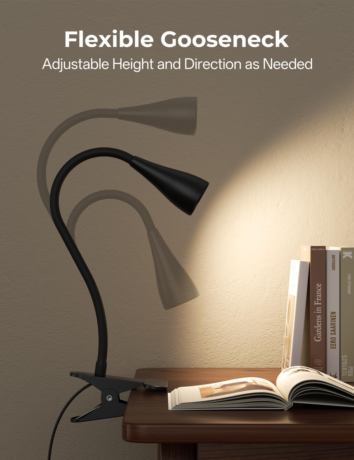 Clip on Light, Desk Lamp with Clamp and Adapter, LED Eye Caring Reading Light for Bed with 3 Colors & 10 Brightness Levels, Clamp Light with Flexible Gooseneck for Bedroom, Office, Dorm
