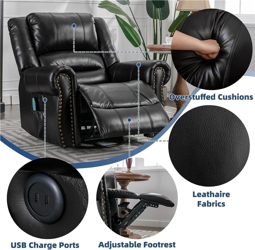 Manual Swivel Rocker Recliner with Heat & Massage – Modern Reclining Lounge Chair with USB Charging, Side Storage Pockets, Smooth Gliding Motion, Ideal for Living Room, Nursery, and Reading Nook