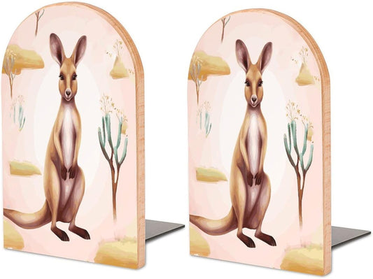 Non-Slip Bookend for Shelves Funny Cartoon Kangaroo Zoo Wooden Bookends with Metal Base Decorative Book Stopper for Home Heavy Duty Wood Book Storage for Books/CDs
