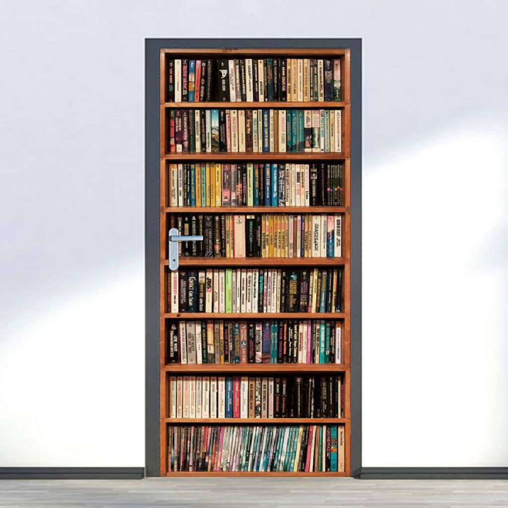 Creative 3D Door Sticker Bookshelf Bookcase Wallpaper Self Adhesive Wall Mural DIY Bedroom Decor